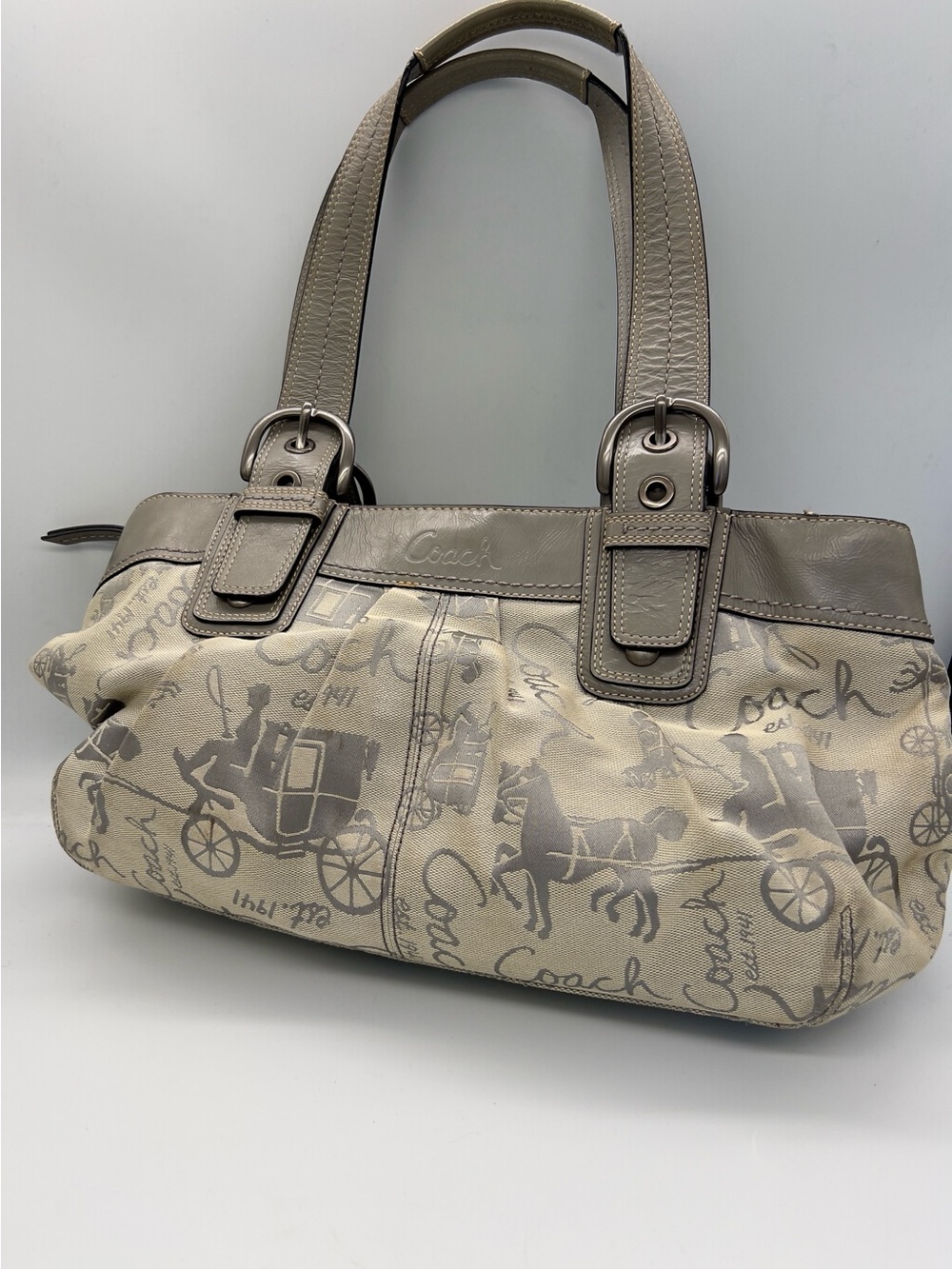 Vintage Coach Signature Horse & Carriage Canvas Tote in Taupe/Beige